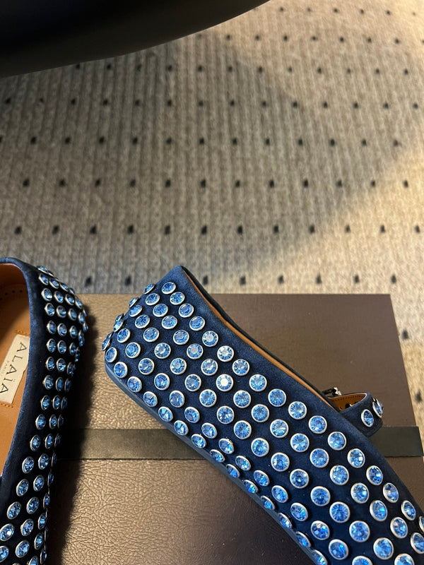 Alaia 25 Strass Ballerine in Pelle Scamosciata Blu Navy 303724