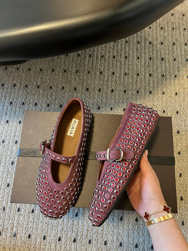 Alaia 25 Strass Ballet Flats Garnet Red Suede Goatskin 303725