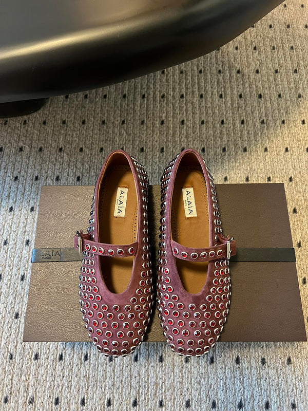 Alaia 25 Strass Ballet Flats Garnet Red Suede Goatskin 303725