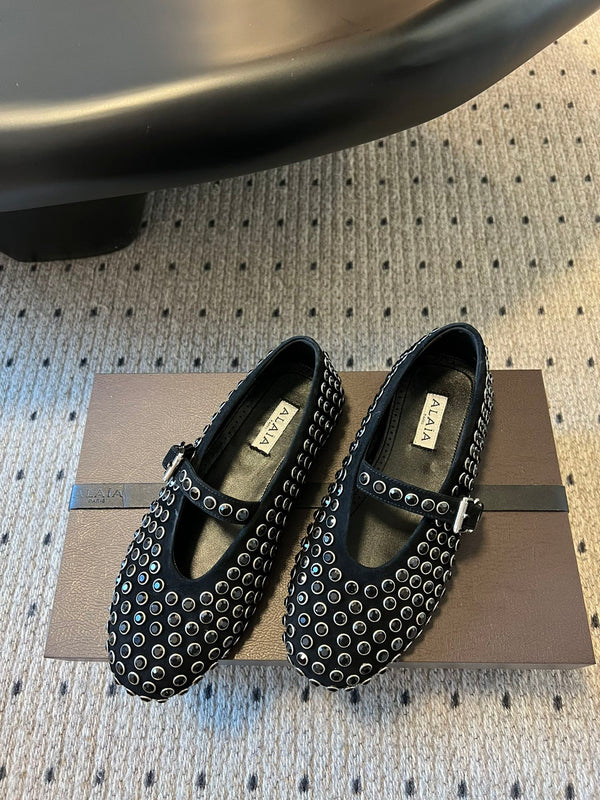 Alaia 25 Strass Ballet Flats Black Suede Goatskin 303726