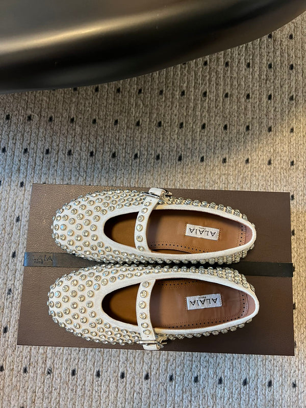 Alaia 25 Strass Ballet Flats White Suede Goatskin 303727