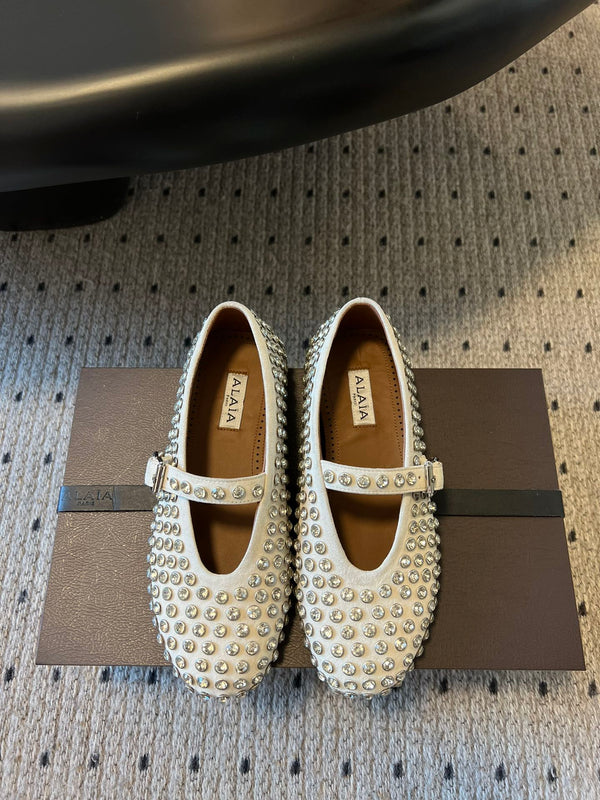 Alaia 25 Strass Ballet Flats White Suede Goatskin 303727
