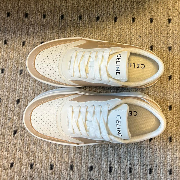 BLOCK SNEAKER WITH TRIOMPHE IN WHITE MIX SAND BROWN CALFSKIN