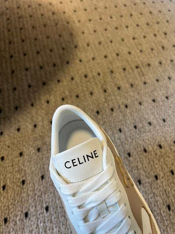 BLOCK SNEAKER WITH TRIOMPHE IN WHITE MIX SAND BROWN CALFSKIN