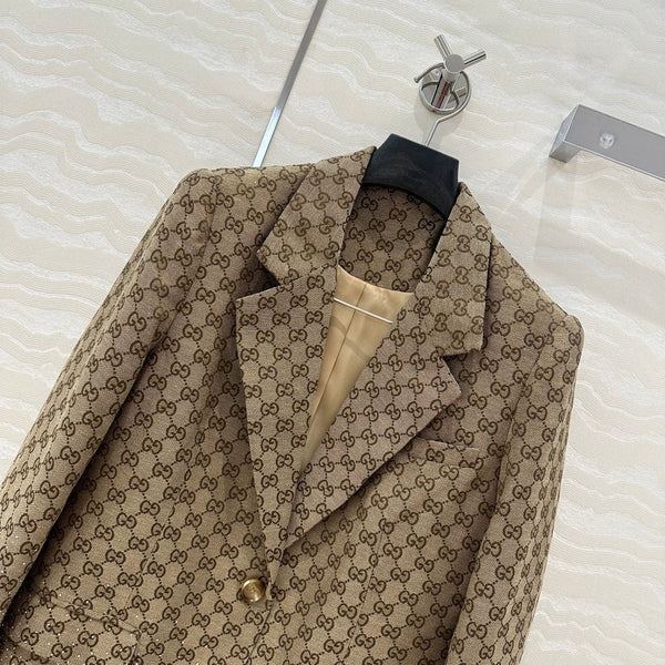 Gucci GG Letter Jacquard Woven Jacket Light Brown Polyester Fiber