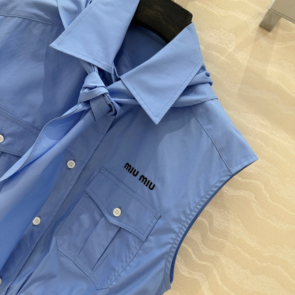Miu Miu 25 Bow Tie Vest Shirt Blue Cotton
