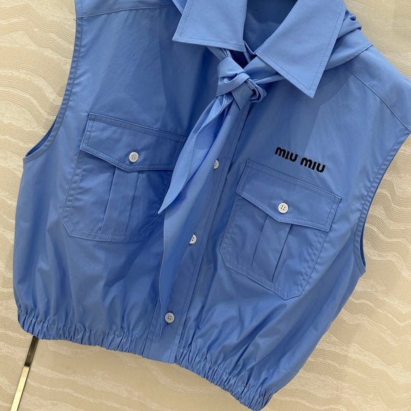 Miu Miu 25 Bow Tie Vest Shirt Blue Cotton