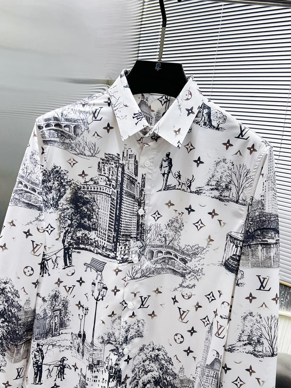LV LONG-SLEEVED SHIRT WHITE COTTON ALLOVER MONOGRAM CITY WALK PRINT 238817