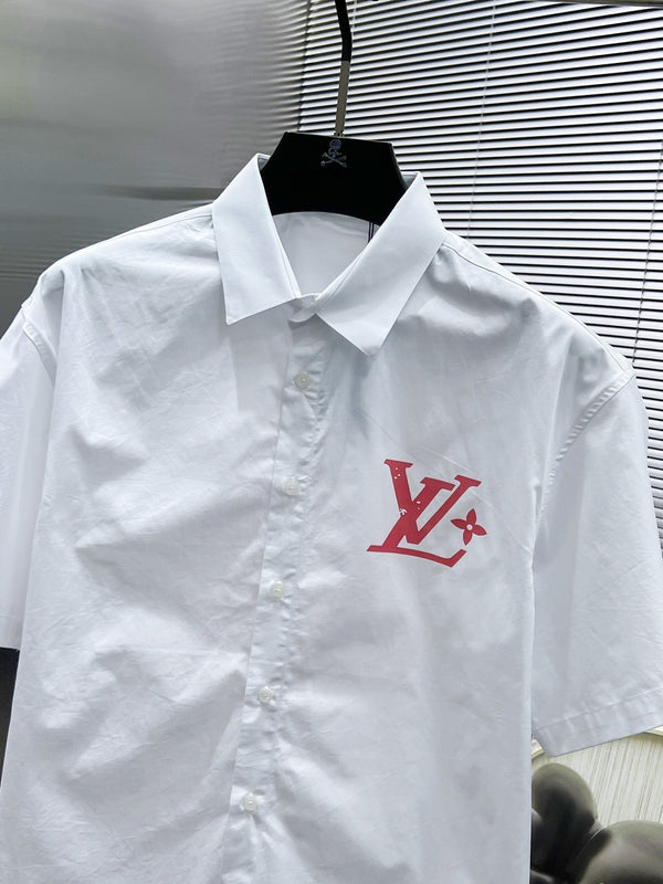 CAMICIA LV A MANICHE CORTE IN COTONE BIANCO CON LOGO ROSA 238814