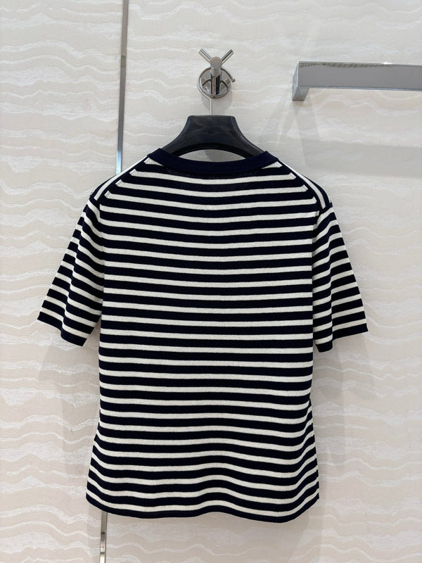 CD Striped Round-neck Knitted Top Navy Blue White Tencel