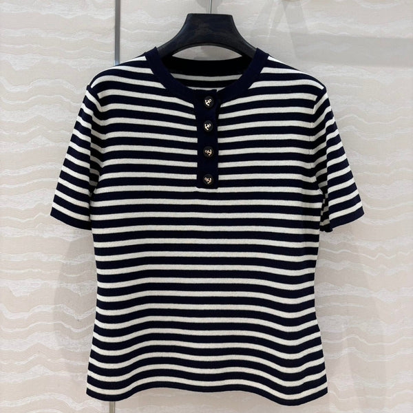 CD Striped Round-neck Knitted Top Navy Blue White Tencel