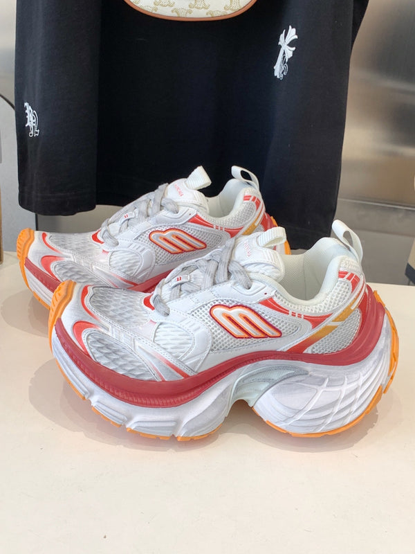 DAD SHOES IN RED ORANGE AND DUST WHITE MESH AND CALFSKIN