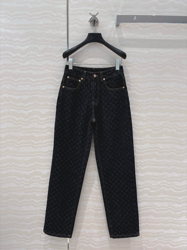 LV 25 Jacquard Logo Denim Trousers Black Cotton