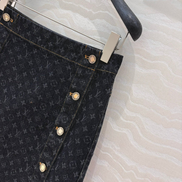 LV 25 Monogram Jacquard Logo Denim Skirt Black Cotton