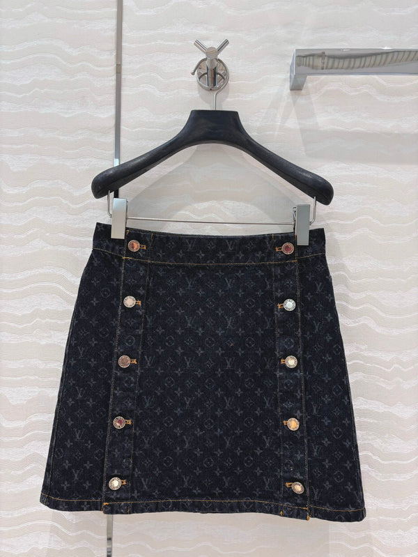 LV 25 Monogram Jacquard Logo Denim Skirt Black Cotton