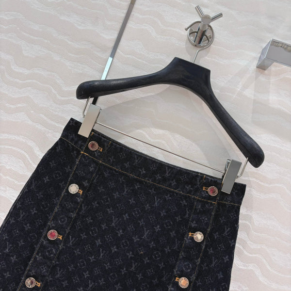 LV 25 Monogram Jacquard Logo Denim Skirt Black Cotton