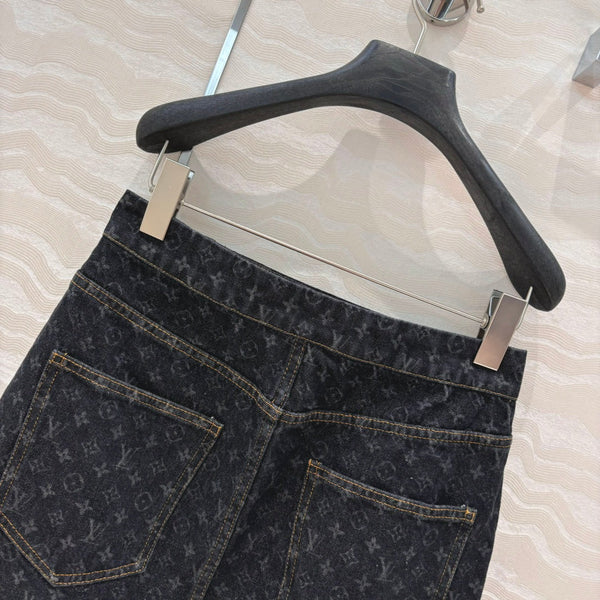 LV 25 Monogram Jacquard Logo Denim Skirt Black Cotton