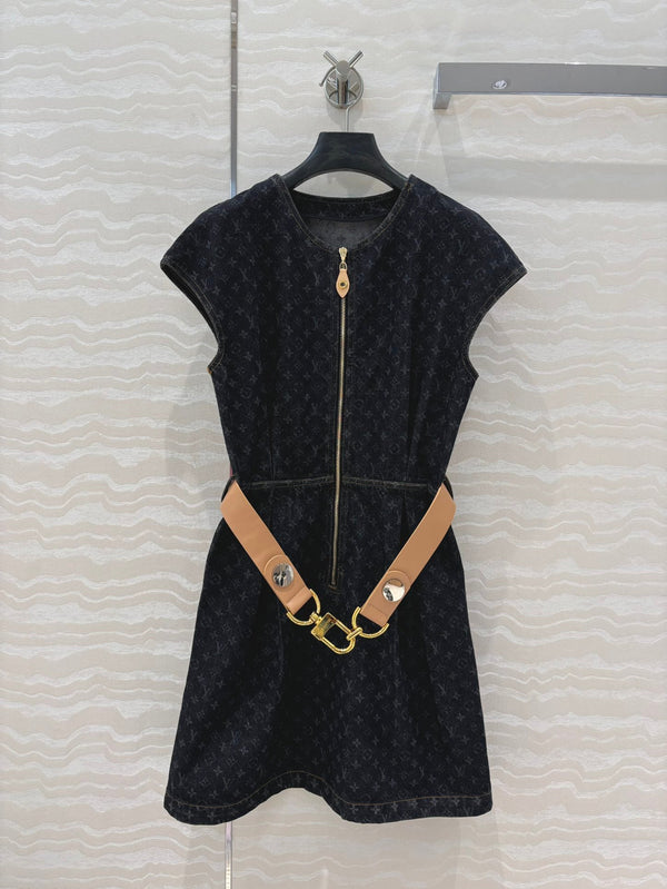 LV 25 Monogram Jacquard Logo Denim Dress Black Cotton