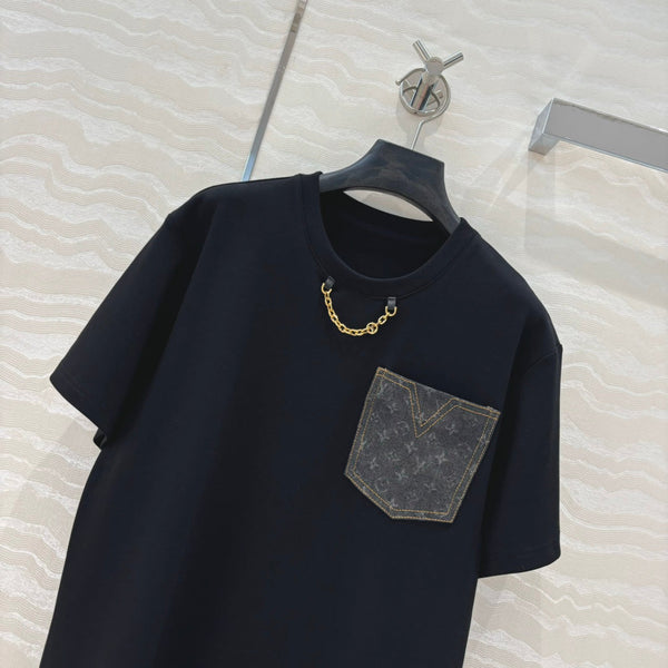 LV 25 Monogram Jacquard Logo Denim T-shirt Black Cotton
