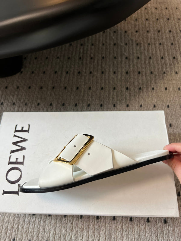 Loewe 25 Petal Belt Flat Sandals White Sheepskin 212777