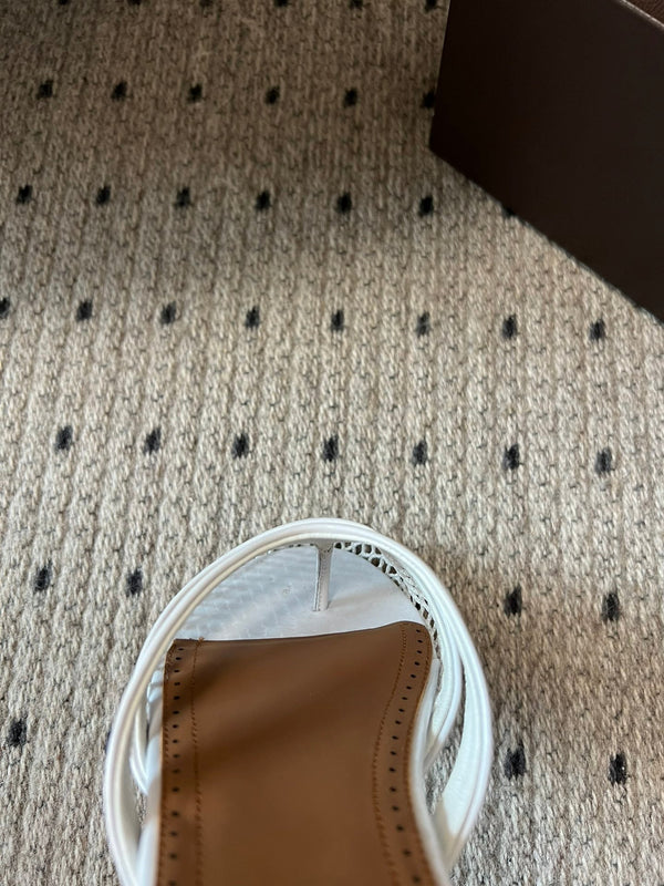 Alaia 25 Infradito Fishnet Flat Mules White Lampskin 303706