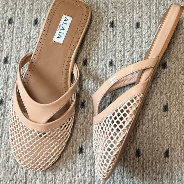 Alaia 25 Infradito Fishnet Flat Mules Nude Lampskin 303707