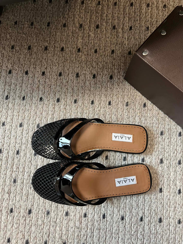 Alaia 25 Infradito Fishnet Flat Mules Black Lampskin 303708