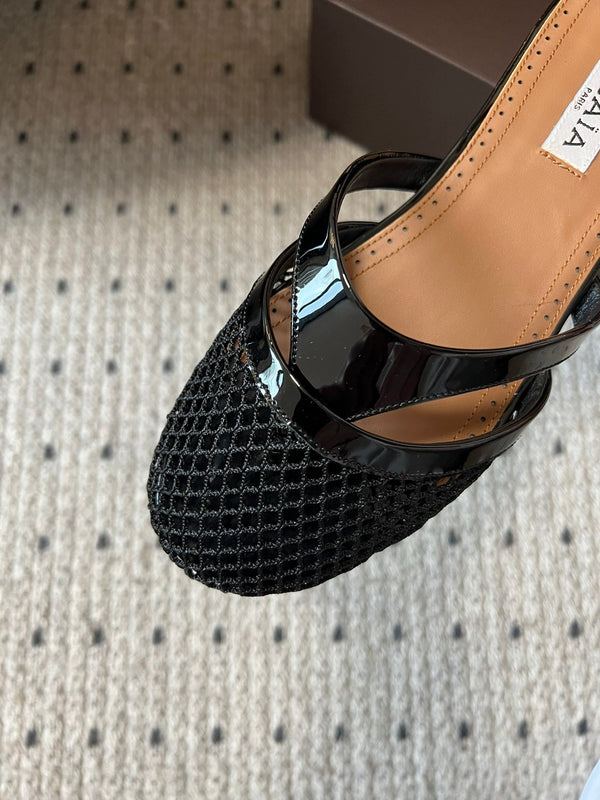 Alaia 25 Infradito Fishnet Flat Mules Black Lampskin 303708