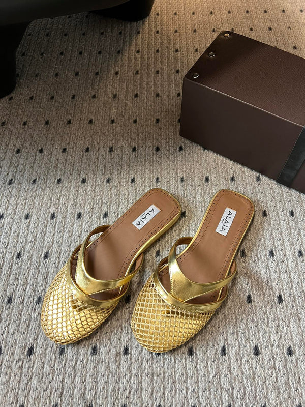 Alaia 25 Infradito Fishnet Flat Mules Gold Lampskin 303709