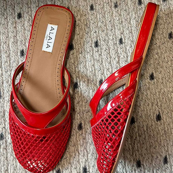 Alaia 25 Infradito Fishnet Flat Mules Red Lampskin 303710