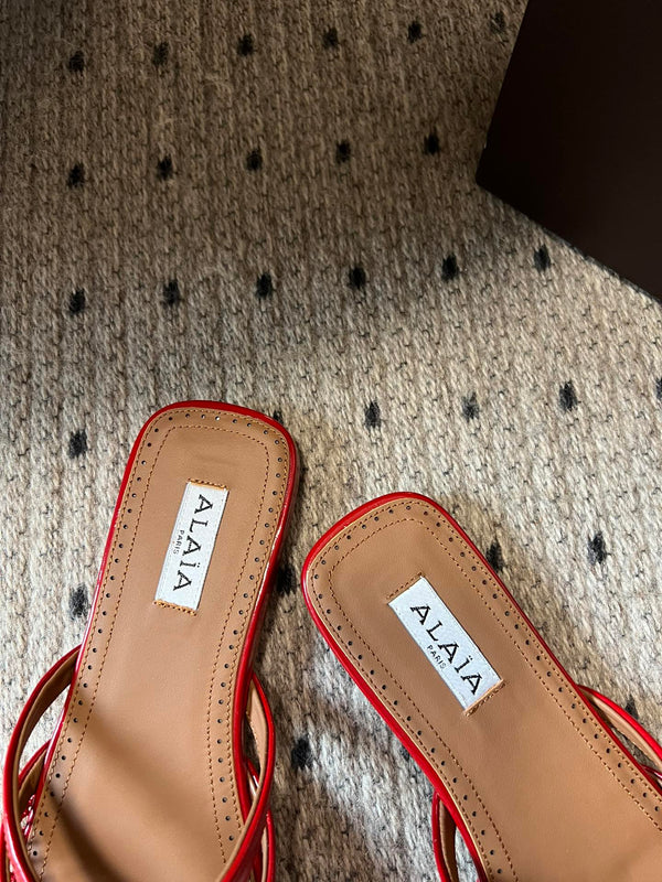 Alaia 25 Infradito Fishnet Flat Mules Red Lampskin 303710