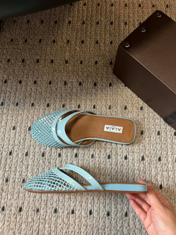 Alaia 25 Infradito Fishnet Flat Mules Lagoon Green Lampskin 303711
