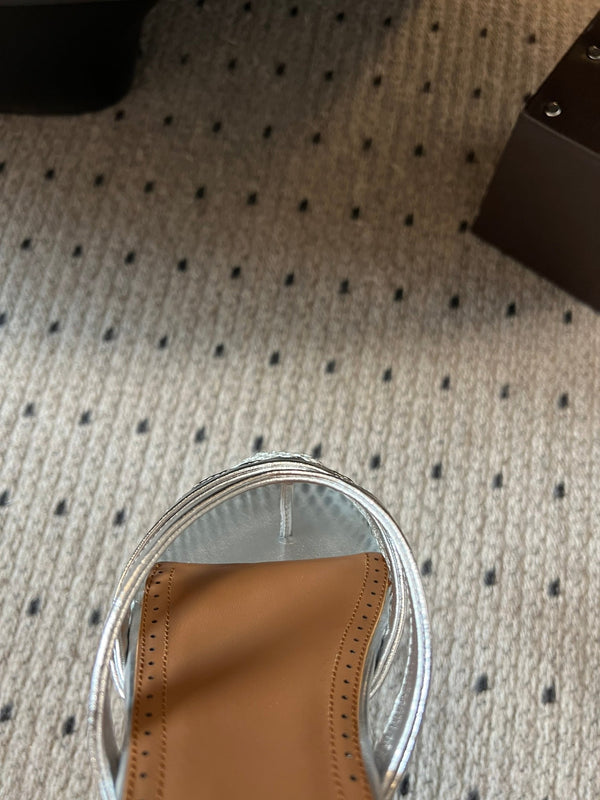 Alaia 25 Infradito Fishnet Flat Mules Silver Lampskin 303712