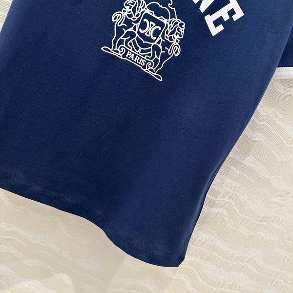 Celine 25 Arc de Triomphe Letter Short Sleeve T-shirt Navy Blue mix White Cotton