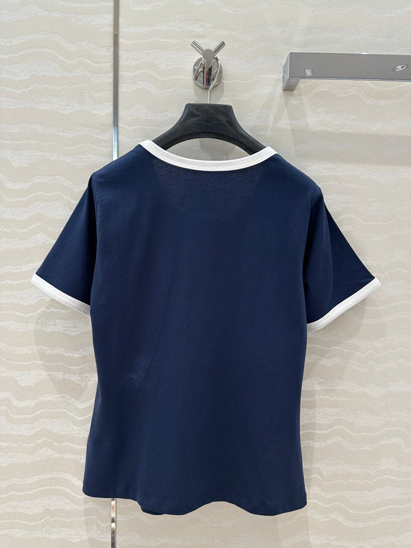 Celine 25 Arc de Triomphe Letter Short Sleeve T-shirt Navy Blue mix White Cotton