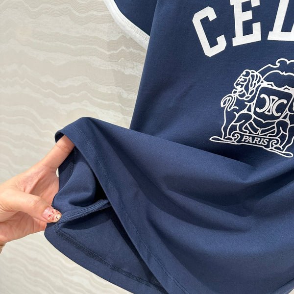 Celine 25 Arc de Triomphe Letter Short Sleeve T-shirt Navy Blue mix White Cotton