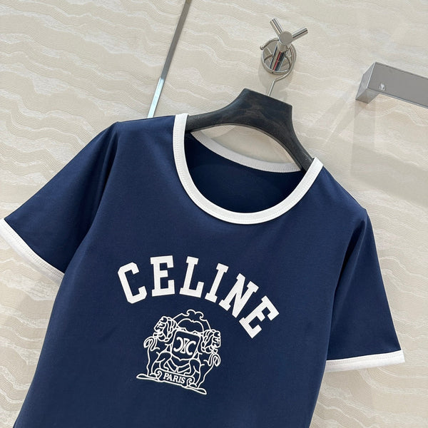 Celine 25 Arc de Triomphe Letter Short Sleeve T-shirt Navy Blue mix White Cotton