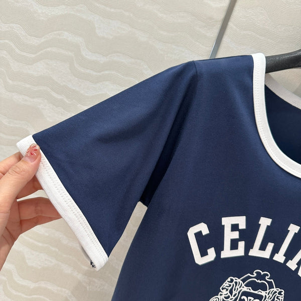 Celine 25 Arc de Triomphe Letter Short Sleeve T-shirt Navy Blue mix White Cotton