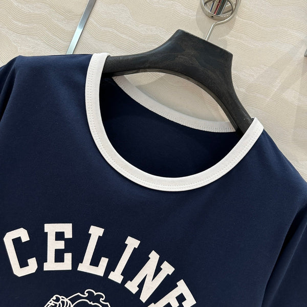 Celine 25 Arc de Triomphe Letter Short Sleeve T-shirt Navy Blue mix White Cotton