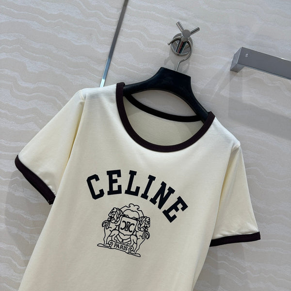 Celine 25 Arc de Triomphe Letter Short Sleeve T-shirt Off-white mix Black Cotton