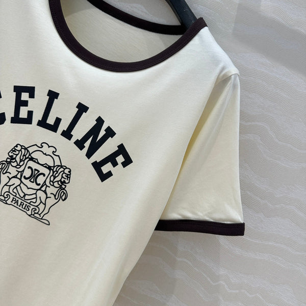 Celine 25 Arc de Triomphe Letter Short Sleeve T-shirt Off-white mix Black Cotton