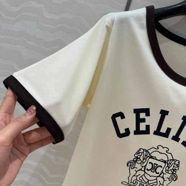 Celine 25 Arc de Triomphe Letter Short Sleeve T-shirt Off-white mix Black Cotton