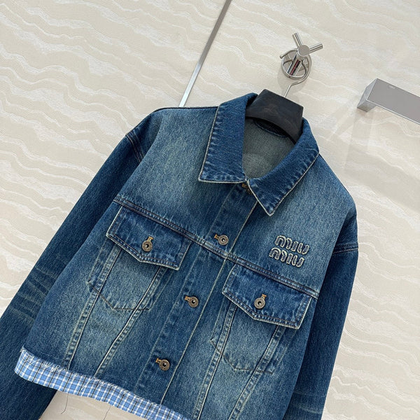 Miu Miu Plaid Denim Jacket Blue Cotton