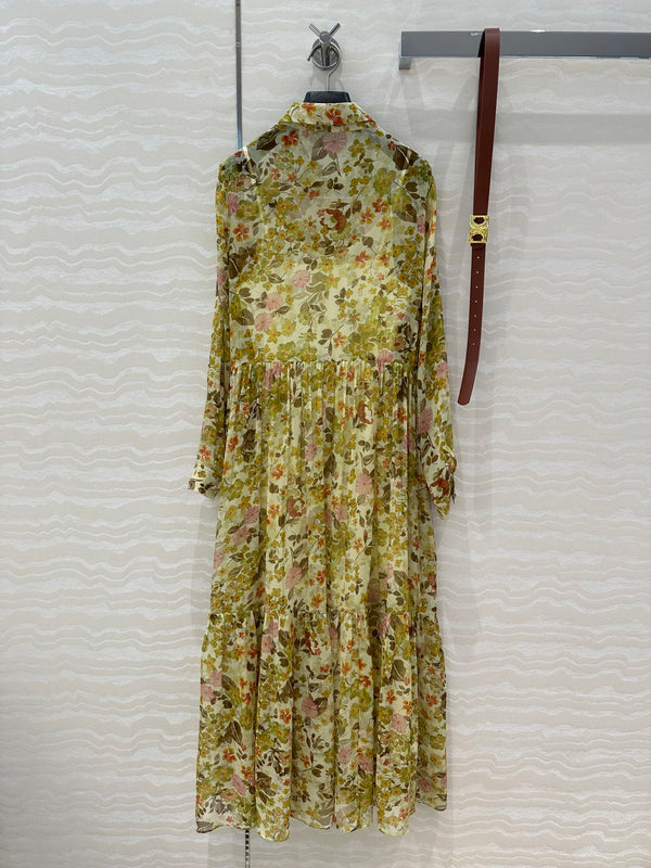 Celine Floral Pattern Dress Green Silk