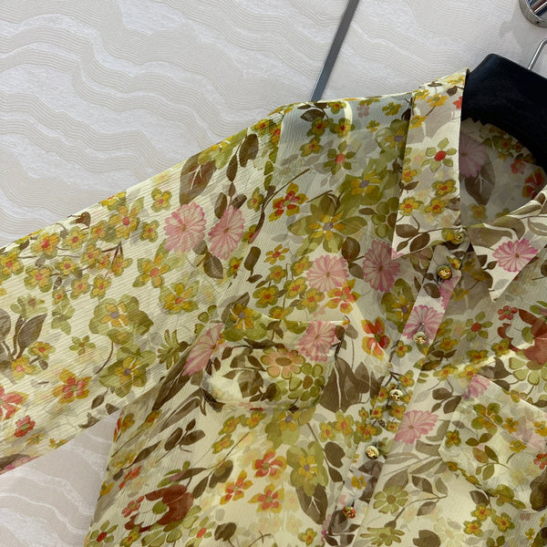 Celine Floral Pattern Dress Green Silk