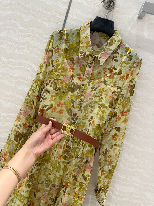 Celine Floral Pattern Dress Green Silk