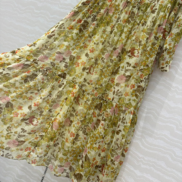 Celine Floral Pattern Dress Green Silk