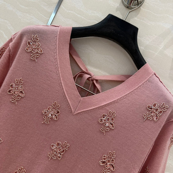 Fendi Beaded Flower V-neck Knitted Small Top Pink Wool