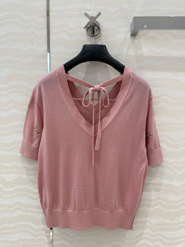 Fendi Beaded Flower V-neck Knitted Small Top Pink Wool