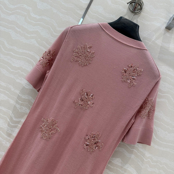 Fendi Beaded Flower Knitted Dress Pink Wool